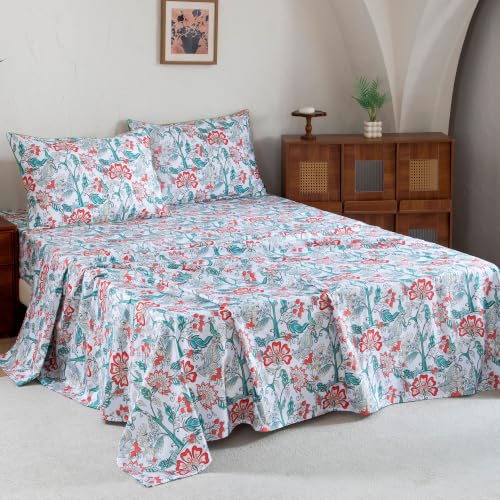 Image of FADFAY Twin XL Sheets Set 4 Piece White Teal Floral College Bedding 100% Egyptian Cotton Dorm Room Bedding, Soft Breathable Dorm Sheets Extra Long with Deep Pocket Luxury Hotel Quality for All Season