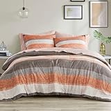 Madison Park Jaxon Queen Comforter Set, Bed in A Bag Comforter & Sheet Set, Modern Casual Stripes Print, All Seasons, Soft Bedding Makeover, Matching Sham, Queen Coral/Grey 7 Piece