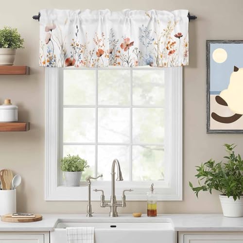 Colorful Flowers Valances for Windows, Short Curtains for Kitchen/Bathroom, Botanical Garden Florals Herbs Plants Rod Pocket Window Treatment for Living Room/Doorway/Bedroom/Cafe Decor Panel 60'x14'