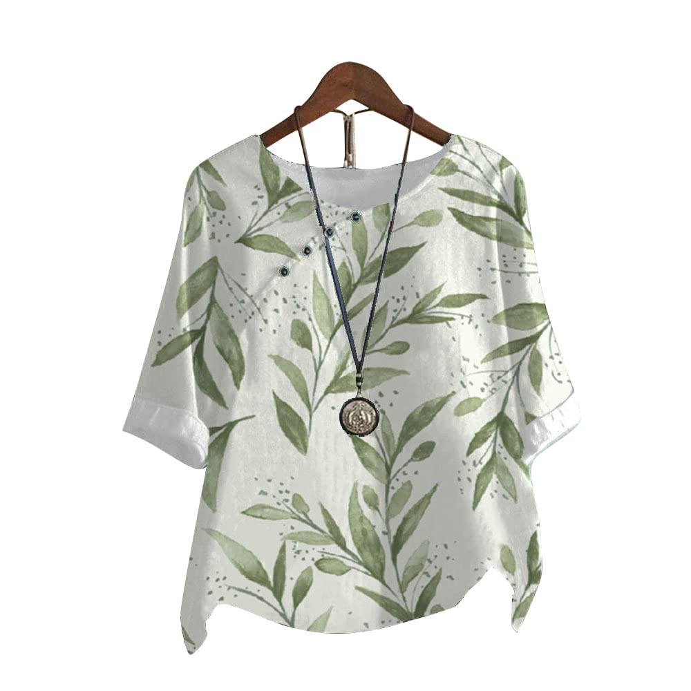 2023 Summer Women's Cotton and Linen Pullover Fashion Print Loose Casual Shirt Short Sleeve T-shirt