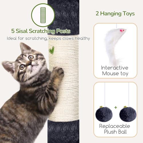 Image of Globlazer 52in Cat Tree Tower for Indoor Cats, 2 Condos, S52, Dark Grey | Multi-Level Plush House, 5 Sisal Scratching Posts, 2 Padded Top Perches, Big Metal Basket, Stable Enlarged Base