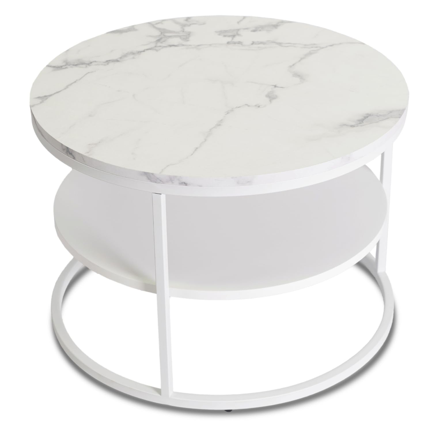 Couchtisch Rund 70 x 49,5 cm – Modern Wohnzimmertisch Marmoroptik/Weiß mit Stauraum – Sofatisch Rund für Wohnzimmer und Büro – Runder Tisch mit pflegeleichter Oberfläche