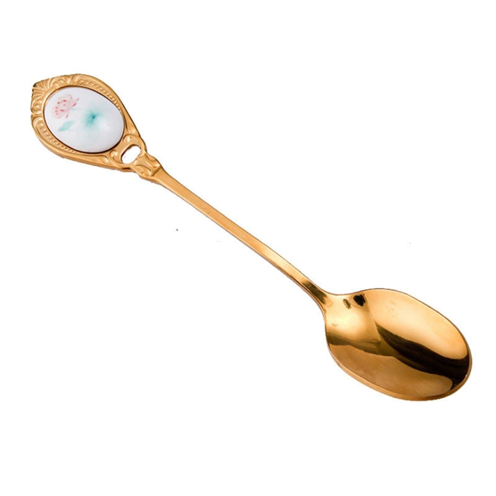 JINGYAN Cucchiaini da caffè Golden Coffee Spoon Retro Small Stainless Steel Ceramic Handle Dessert Afternoon Tea Black Gift(Lotus)