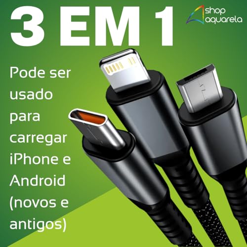 Cabo Carregador USB 3 em 1 Turbo 100W Display LED Trançado compatível com iPhone/Tipo C/Micro-USB