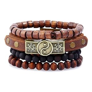 GAUEIOUR Cowhide Wood Bead Bracelet,Wooden Beaded Bracelet Bangle for Men Women,Bagua Cowhide Tribal Bracelets, Multi layered Beaded Wood Bead Bracelets(4PCS)