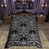 Homemissing Zucker Schädel Bettwäsche-Set Jacquard gotische Schädel Bettbezug Set für Kinder Jungen Mädchen Dekor Halloween Thema Bettwäsche Set 135x200cm Blumen Schlafzimmer Dekor Mikrofaser