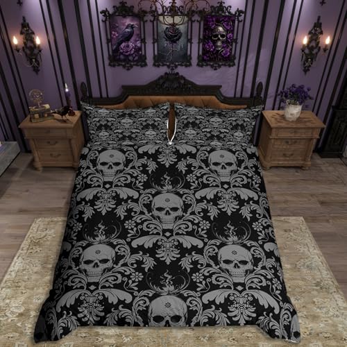 Homemissing Zucker Schädel Bettwäsche-Set Jacquard gotische Schädel Bettbezug Set für Kinder Jungen Mädchen Dekor Halloween Thema Bettwäsche Set 135x200cm Blumen Schlafzimmer Dekor Mikrofaser