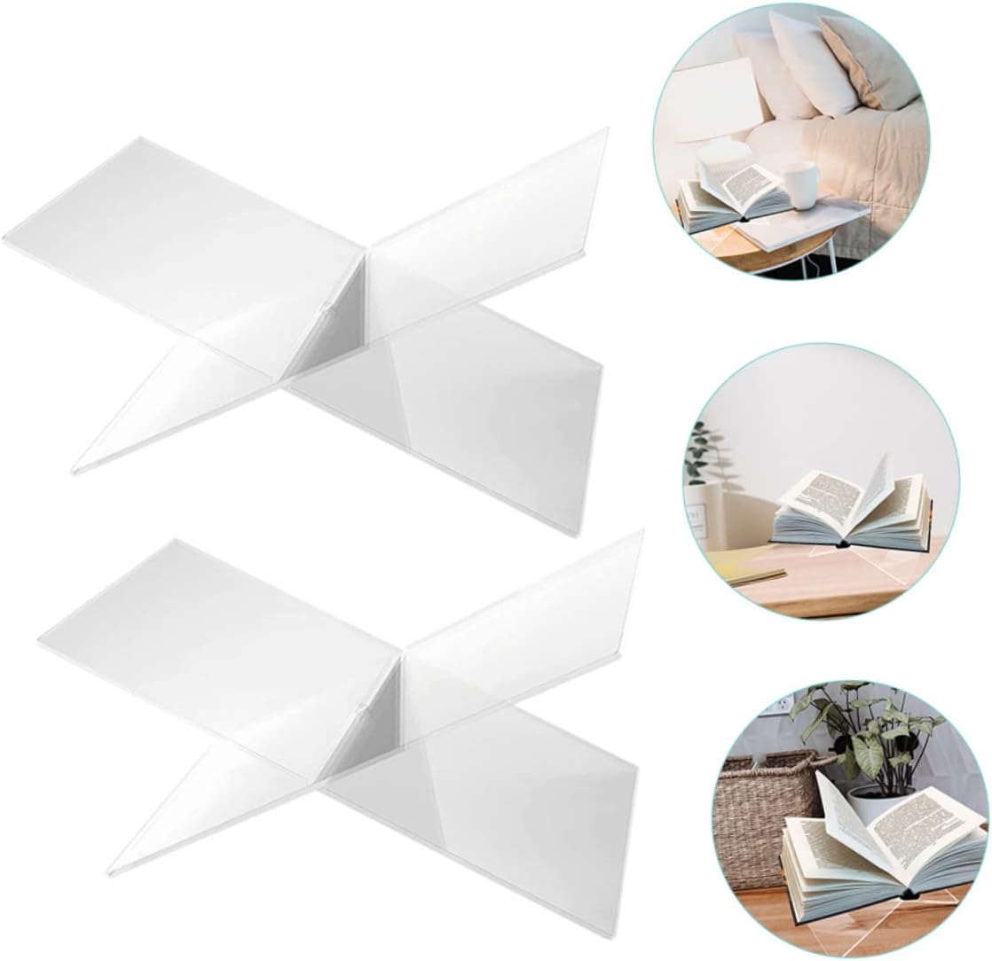 SHOWERORO 2pcs X-Shape Acrylic Book Holders Compact Transparent Book Stands for Reading Music Scores and Home Office Decor Small