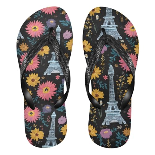 ALAZA Eiffe Tower Colorful Flower Flip Flops for Women Fashion Beach Slippers Comfort Mens Flip Flops Non-Slip Rubber Shower Slippers Sandal for Hotel Travel Sport,XS