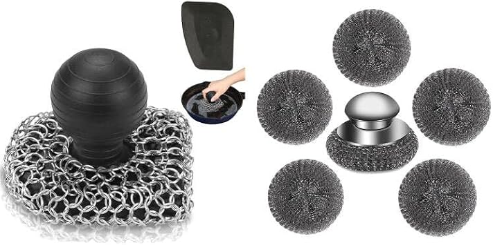 Cast Iron Scrubber Set with Steel Wool Scrubber Set, 316 Chainmail Scrubber, Upgraded Chain Mail Scrubber Sponge,Stainless Steel Scrubber with Handle8 Pcs