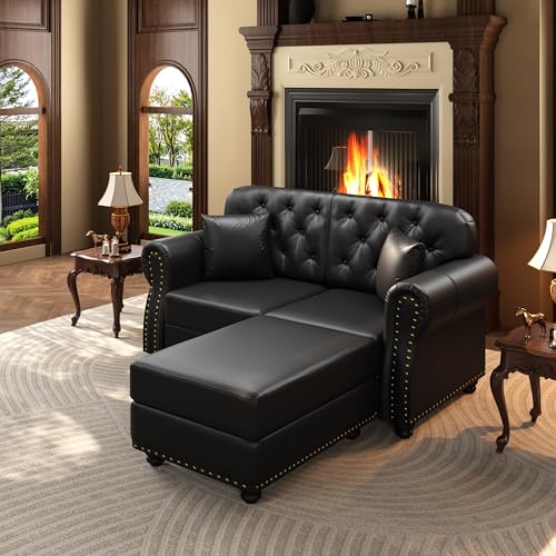 Image of KEIKI 63 inch Faux Leather Chesterfield Sofa with Rolled Arms & Nailhead Trim & 1 Ottoman, 2-Seater Button Tufted Couch with High Resilience Cushion & 2 Pillow, Easy Assembly, for Living Room, Black