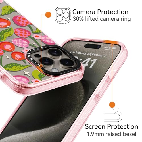 Rosarnnah for iPhone 15 Pro Max Case Cute - Durable Shockproof 6.6 ft Drop Impact Phone Case - Funny Plaid Cherry Design (6.7") Glitter Pink by Rosarnnah - Image 3