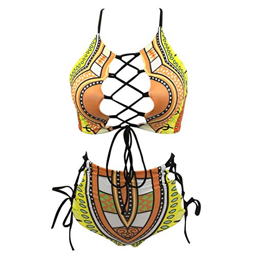GIRLANDSEA Women African Backless Bikini High Waist Tankini Bathing Suit Strap Swimsuit Set M Yellow