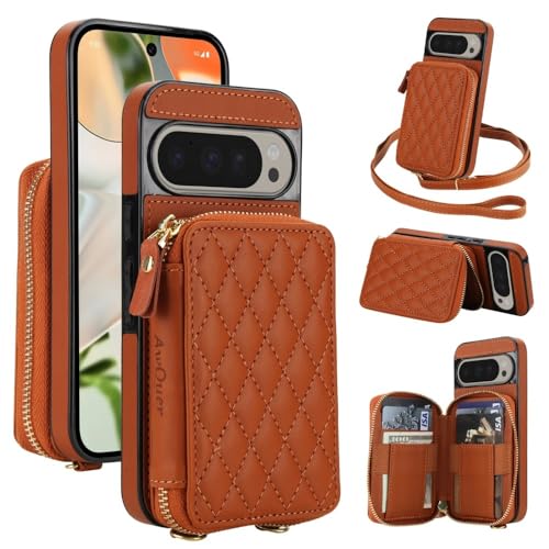 Housse cuir Google Pixel 10 Pro 5G marron avec portefeuille à glissière chic motif grille