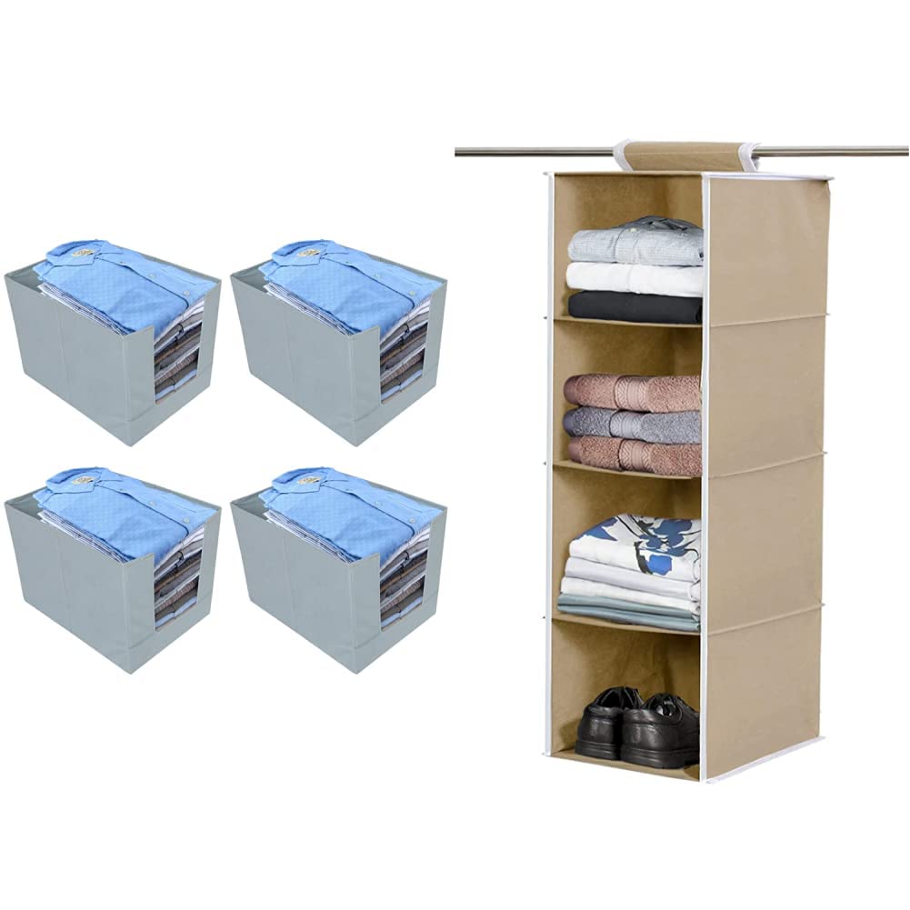 Kuber Industries Non-Woven 4 Pieces Shirt Stacker Wardrobe Organizer (Grey)-CTKTC21197 & 4 Shelf Closet Hanging Organizer (Brown)