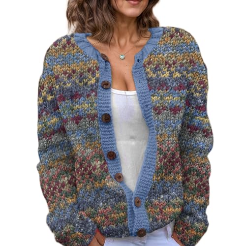 TIAFORD Women's Fair Isle Cardigan Sweaters Button Down Crewneck Knit Icelandic Casual Loose Fall Winter Sweater Jackets