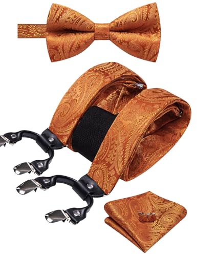 Image of YOHOWA Men Suspenders 6 Clips Strength Adjustable Y Braces Pre-Tied Bow Tie Set Formal Wedding Party