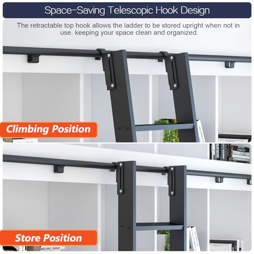 Image of 87 inch Black Sliding Library Ladder with 3.3FT Hook Track - Lightweight Aluminum Rolling Ladder with Braking Wheels, Space-Saving Rail Mounted Ladder System for Home Library, Closet & Storage