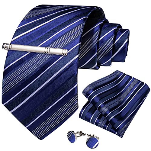 Image of DiBanGu Mens Striped Tie Silk Woven Necktie and Pocket Square Cufflinks Tie Clip Set Wedding Business Formal Gift Tie for Men