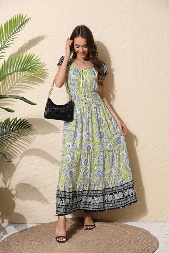 Image of Women's Boho Floral Maxi Dress, Short Sleeve Smocked Tiered Summer Casual Beach Dress