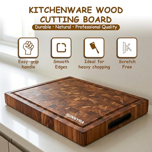 Tabla de Cortar SUUNYRA de Teca, 41,9 x 30,5 cm – Tabla de Madera de Grano Terminal Grande con Ranura para Jugos y Mango, Tabla de Picar Gruesa para Cocina, Carne y Charcutería miniatura 3