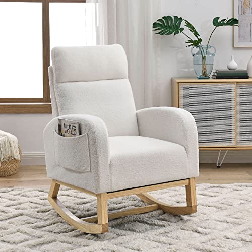 Image of Dolonm Rocking Chair Mid-Century Modern Nursery Rocking Armchair Upholstered Tall Back Accent Glider Rocker for Living Room (White,Teddy)