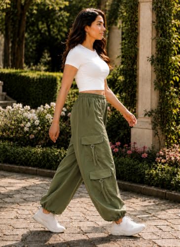 Image of SQew Women's High Waist Baggy Cargo Pants | Loose Fit Parachute Utility Trousers with Multiple Pockets | Casual Streetwear Pants