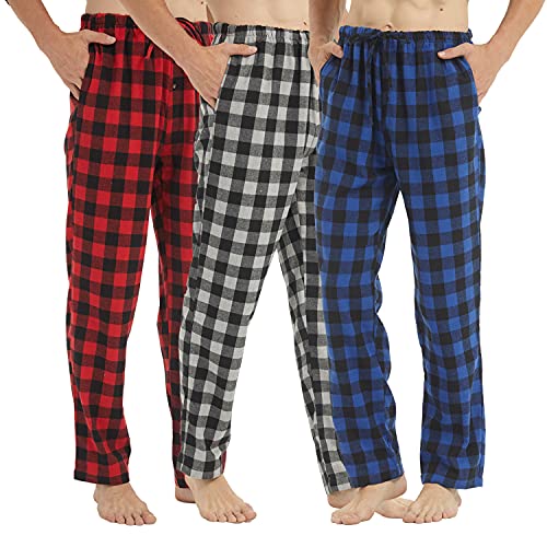 Flannel Mens Pajama Pants 3 Pack Cotton Red Plaid Pajamas Bottoms with Pockets Drawstring Lounge Sleepwear Christmas PJ