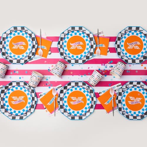 Image of Bonjour Fete Hot Wheels Blue Checker Small Paper Party Plates | Disposable Dessert Size | Premium Party Supplies | Kids' Birthday Celebrations, Car Racing Parties, and Playdates | Pack of 8, 8.25 inch D