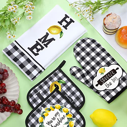 5 Pieces Farmhouse Dish Towels Pot Holders Oven Mitts Set 2 Kitchen Towels 1 Cooking Mittens Oven Glove 2 Potholders For Cooking Baking Grilling Supply (Lemon) #TOP3