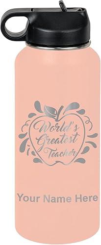 Miniatura 70 de LaserGram Botella de agua con tapa abatible de doble pared de 32 onzas con popote, el mejor maestro del mundo, grabado personalizado incluido (verde