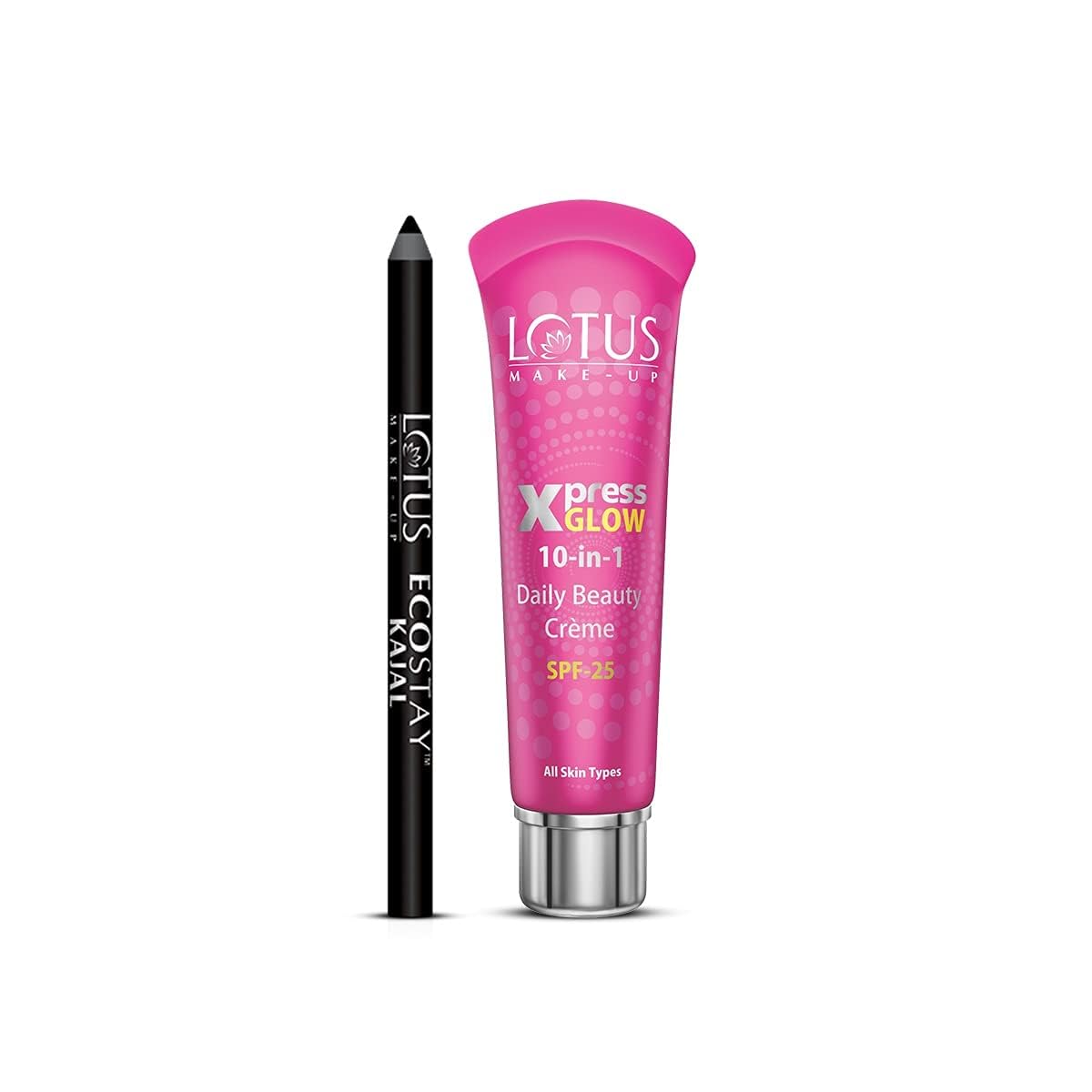 Lotus Makeup Instant Beauty Combo | XpressGlow Day Cream Royal Pearl SPF 25 | Ecostay Kajal Pencil Stick Black | 2 Product Combo | 34g-image-21