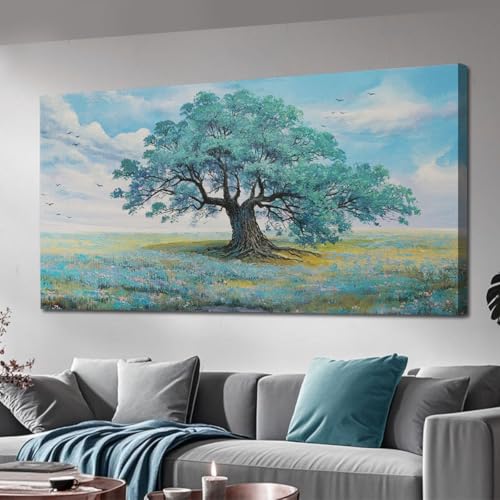 Ardemy Teal Tree Landscape Canvas - 58x29 Framed Wall Art