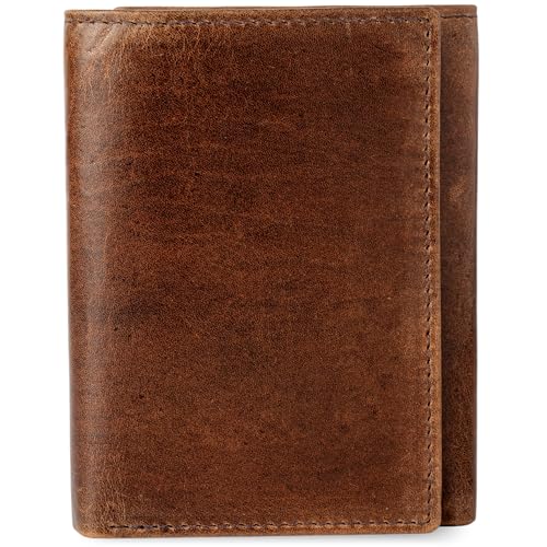 BULL GUARD Leather Trifold Wallets For Men In Grizzly Brown with ID and RFID Blocking Great For Work, Sports, Outdoors, No Logo Design