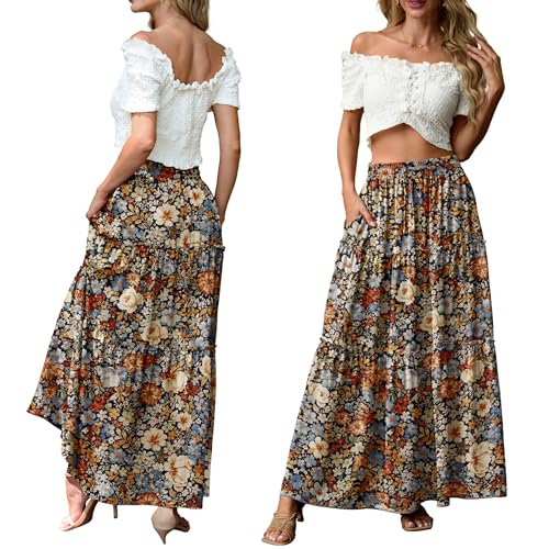 Image of Lepunuo Womens Casual Boho High Waisted Flowy Maxi Skirts Tiered Floral Long Skirts with Pockets for Summer Beach Vacation