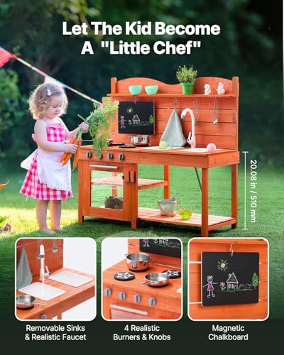 Image of VEVOR Wood Outdoor Play Kitchen for Kids, 41.3in Extra-Wide Design with Realistic Stoves, 2 Removable Sinks, Upgraded Faucet, Blackboard & Cookware Pots, Outdoor Mud Kitchen for Boys & Girls
