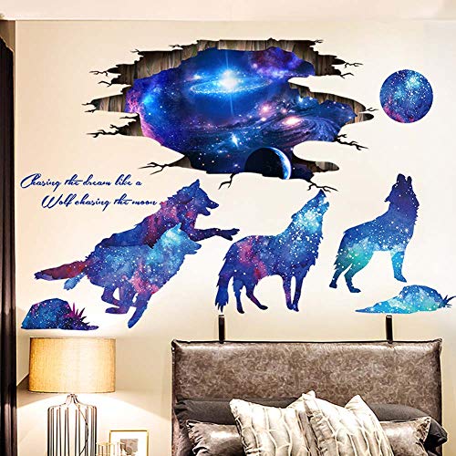 Iwallsticker 2Pcs Creative Blue Starry Sky Wolf And Moon Stars Wall Decals Galaxy Removable Stickers Living Room Decor Home Art Kids Bedroom Decal Nursery Sticker Boy Rooms Mural Children Gift Sticker #TOP4
