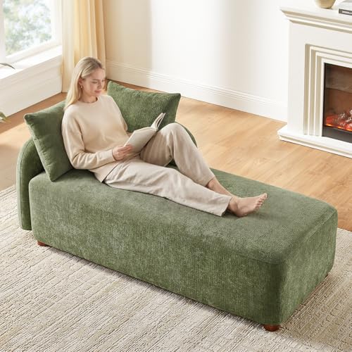 Arcrinte 68.9 Oversized Chaise Lounge Chair Indoor, Comfy Chenille Reading Chair Daybed, Upholstered Left Facing Sleeper Sofa with 2 Pillows, Lounge Sofa Chair for Living Room Bedroom(Green)