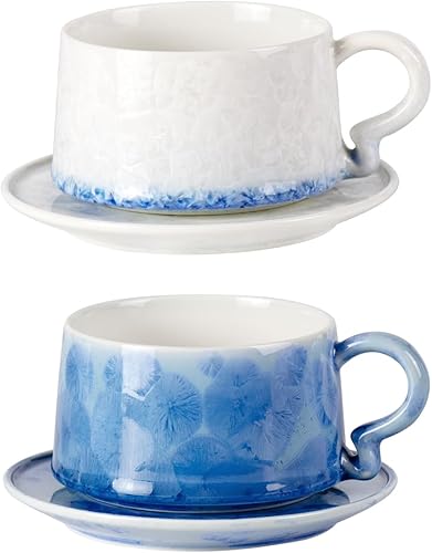 KAMMAK Juego de 2 tazas de té y platillos de porcelana, tazas de café de porcelana de 7.5 onzas, tazas de café expreso esmaltado cristalino,