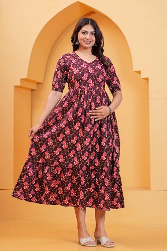 Image of THE Moon Star Women's Cotton Floral Printed Anarkali Maternity Feeding Kurti | Breastfeeding Dress for Mothers | Zipper Feeding Kurti, Nursing Kurti, Comfortable and Trendy Maternity Wear