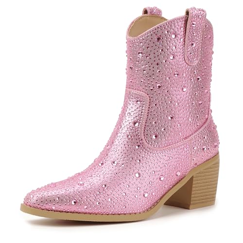 IDIFU IN2 Womens Booties Cowgirl Cowboy Rhinestone Ankle Boots for Women Low Short Block Heel Pointed Toe Slip On Fall Booties Ladies Western Sparkly Glitter Disco Wedding Fashion Dressy Boots