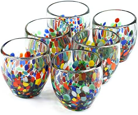 Handmade con Amor - 9 oz Hand Blown Mexican Drinking Glasses - Set of 6, 9 fl oz each, Confetti