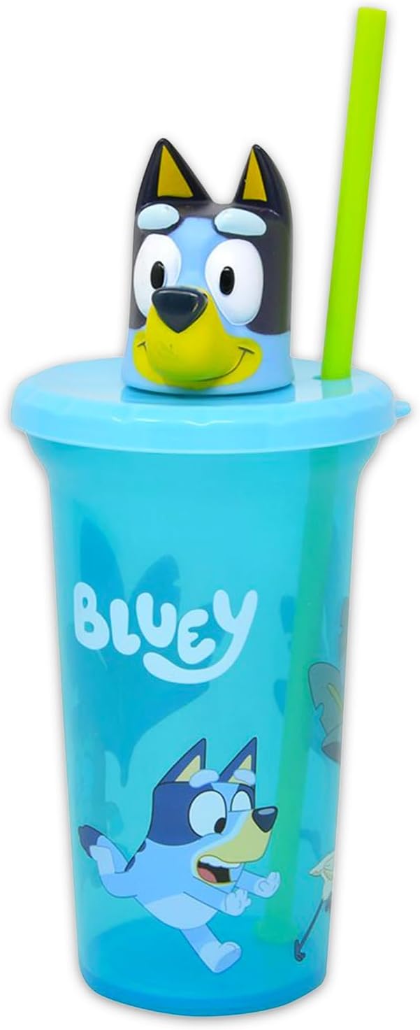Bluey Cup with Lid 15oz for Kids, Girls, Boys - 4-Piece School Supplies Bundle with Drinking Straw Bottle, Stickers, Plus More | Bluey Drinking Water Bottle for Kids image 2