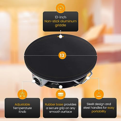 13” Electric Griddle & Crepe Maker Machine | Electric Crepe Maker with Adjustable Temperature | Comales para tortillas & Blintzes Pancakes, Non-Stick Crepe Machine & Batter Spreader & Spatula