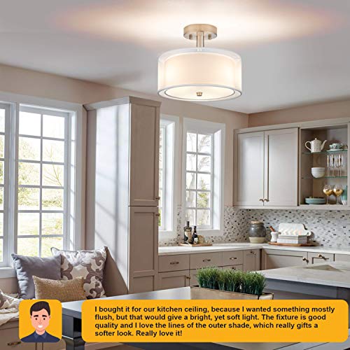 Semi Flush Mount Ceiling Light Fixture, 3-Light Drum Light with Double Fabric Shade, Modern Close to Ceiling Lamps for Living Room, Bedroom, Dining Room, Kitchen, Hallway, Entry, Foyer - Thumbnail 3