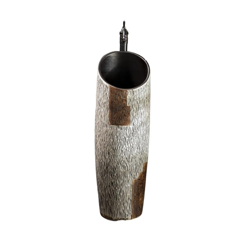 Free-Standing Ceramic Wash Basin Freestanding Carved Pedestal Sink with Faucet and Drain Kit Lavatory Column