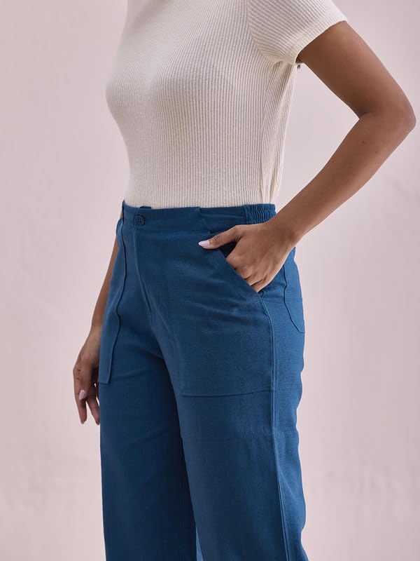Image of GO COLORS Solid Linen Cargo Pants for Women | Full Length, Mid Rise, Side Pockets