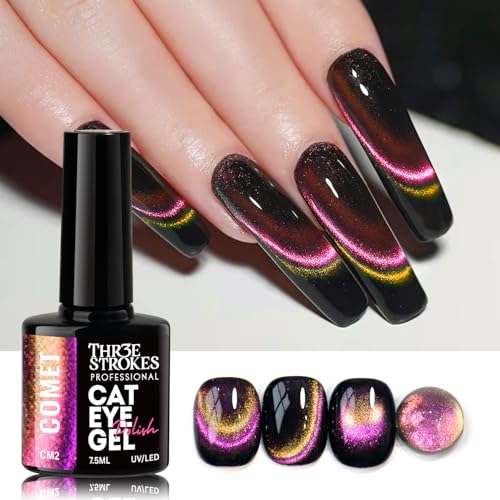 Image of THR3E STROKES Cat Eye Gel Nail Polish Set for Pink Brown Glitter Holographic Cat Eye, Salon Gel Manicure and Nail Art DIY at Home, Bright Moonlight (COMET)