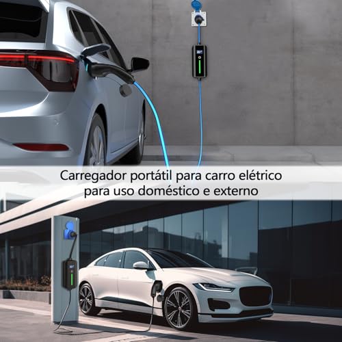Carregador Portátil para Carro Elétrico EV Bivolt 16A/3.5kW - Cabo Tipo 2 com Corrente Ajustável de