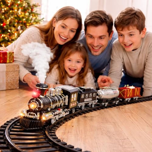 Image of Classical Electric Train Set for Boys - 16 Piece Railway Track Train Set with Light, Sound & Real Smoke Effect - Rechargeable Battery Operated Steam Engine Train Toy with Classic Track Gift